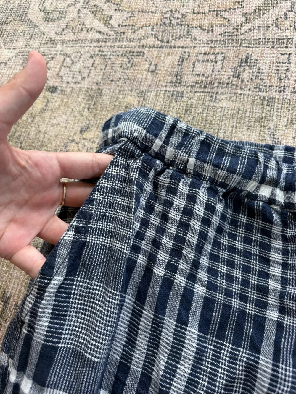 Everlane The Linen Pull On Barrel Pant 100% Linen Navy Plaid High Waist Size XL